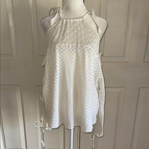 See By Chloe Ivory Crocheted Cloud Dancer Tied Long Sleeve Top